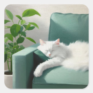 Sticker Carré Peinture d'un chat couché sur un canapé vert