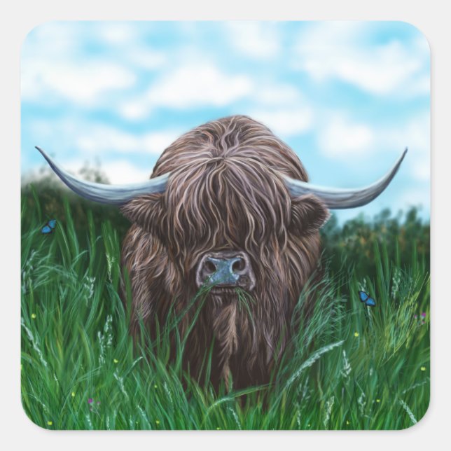 Sticker Carré Peinture écossaise de la vache des Highlands (Devant)