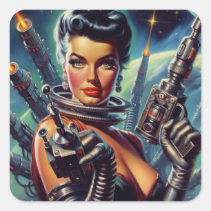 Sticker Carré Peinture féminine rétro Sci-Fi