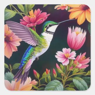 Sticker Carré Peinture florale colorée de colibri