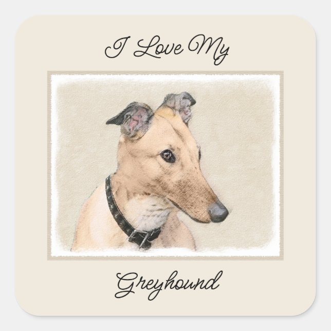 Sticker Carré Peinture Greyhound - Cute Original Chien Art (Devant)