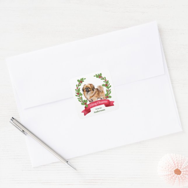 Sticker Carré Pekingese Chien Holly Banner Noël (Enveloppe)
