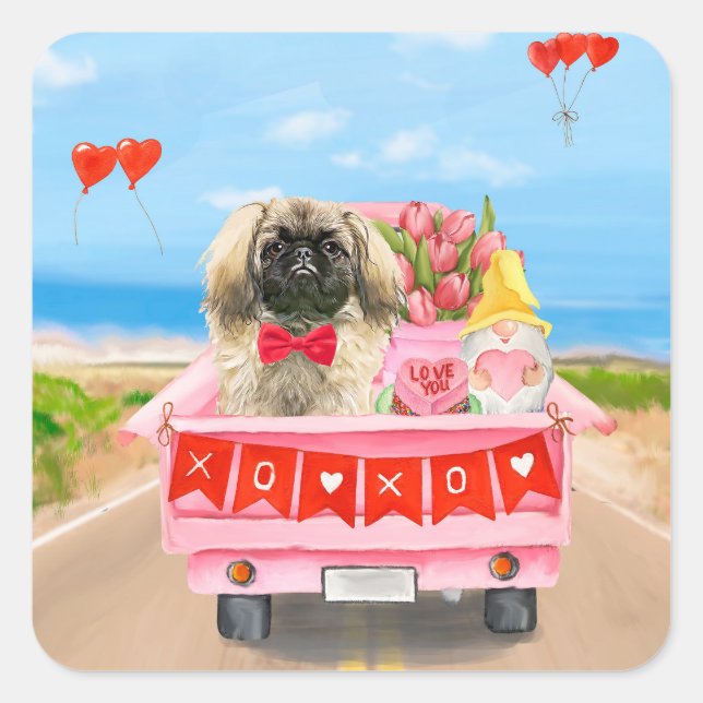 Sticker Carré Pekingese Chien Saint Valentin Coeurs de Camion (Devant)