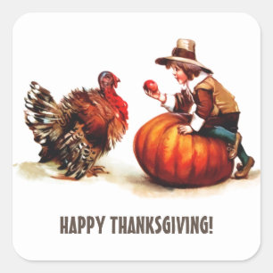 Sticker Carré Pèlerin vintage Enfant et Turquie Thanksgiving