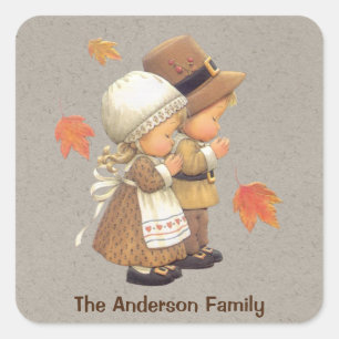 Sticker Carré Pèlerins Tan Kraft Personnalisés Thanksgiving