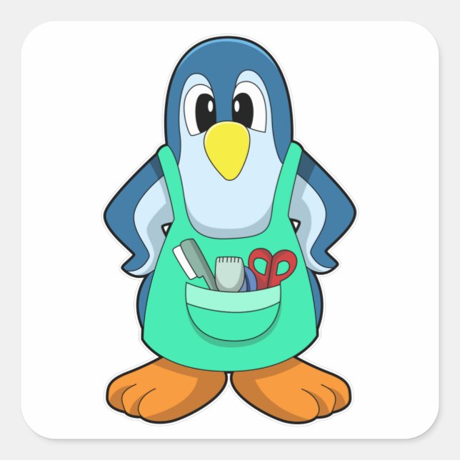 Sticker Carré Penguin coiffeur avec ciseaux et razor (Devant)