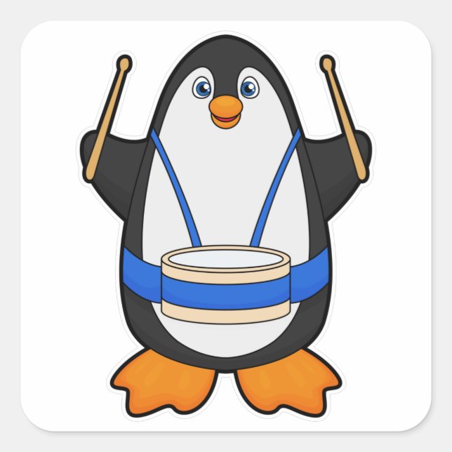 Sticker Carré Penguin comme musicien avec tambour (Devant)