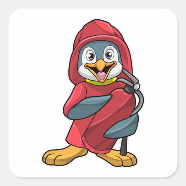 Sticker Carré Penguin comme pompier avec extincteur (Devant)