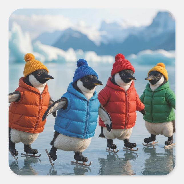Sticker Carré Penguins Ice Skating On an Arctic Lake (Devant)