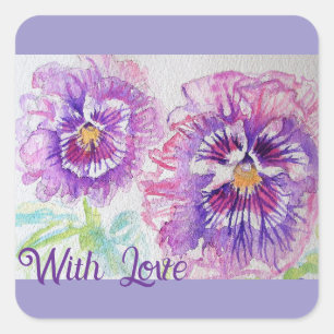 Sticker Carré Pensée Pensées Fleur Aquarelle Floral Violet Art
