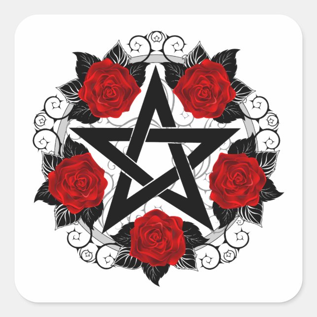 Sticker Carré Pentagramme aux roses rouges (Devant)