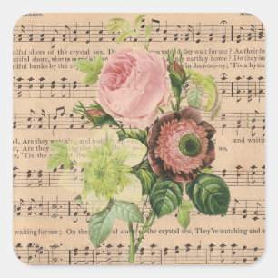Sticker Carré Peonies vintages et Partitions