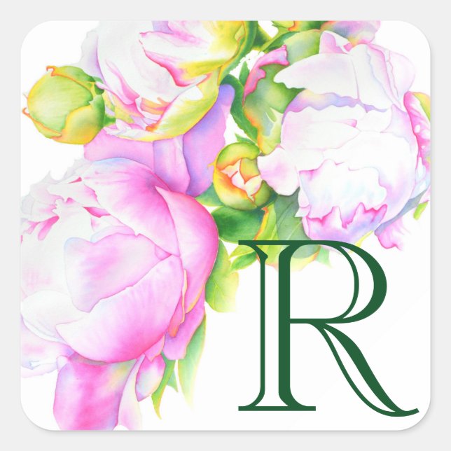 Sticker Carré Peonis, rose, blanc, aquarelle peinture florale (Devant)