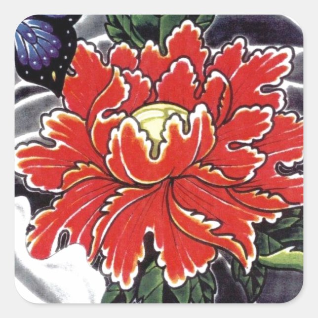 Sticker Carré Peony Flower design japonais tatouage (Devant)
