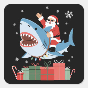 Sticker Carré Père Noël à cheval sur un requin pyjama de Noël oc