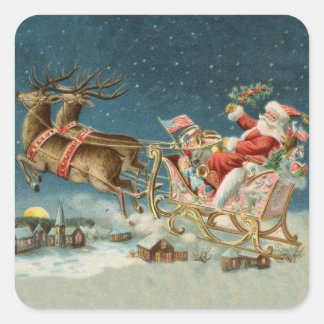 Sticker Carré Père Noël Antique Sleigh Reindeer