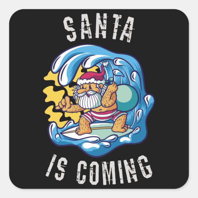Sticker Carré Père Noël arrive par Surfboard (Devant)