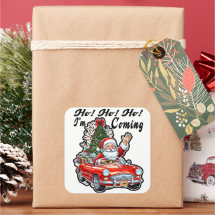 Sticker Carré Père Noël au volant d'une voiture rouge classique