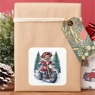 Sticker Carré Père Noël Chien à moto Forêt enneigée