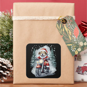 Sticker Carré Père Noël Chien Moto Fond Noir