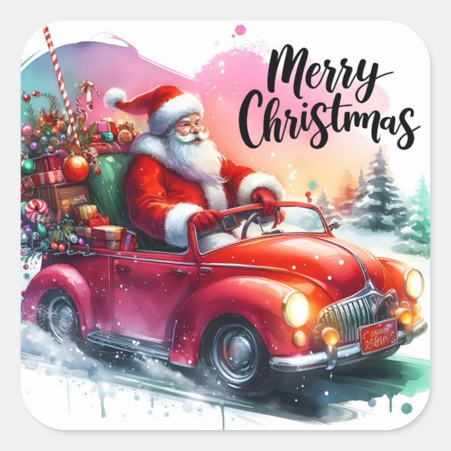 Sticker Carré Père Noël conduisant une voiture classique remplie (Devant)