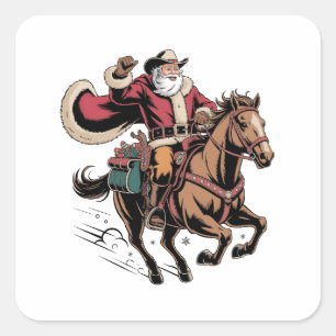 Sticker Carré Père Noël cow-boy à cheval Noël