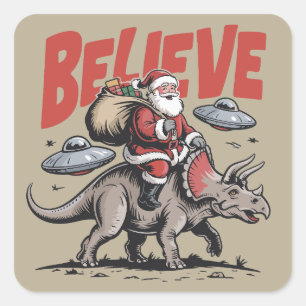 Sticker Carré Père Noël Croire Dinosaure Noël Triceratops