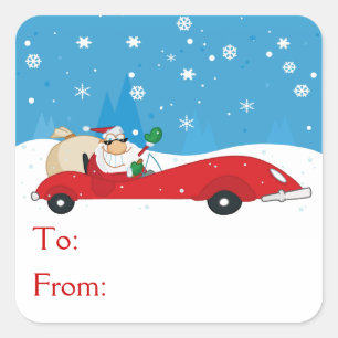 Sticker Carré Père Noël Dans Sa Convertible Rouge