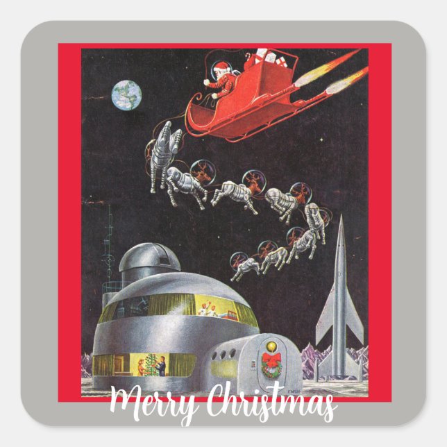 Sticker Carré Père Noël de Noël et rennes dans l'espace (Devant)