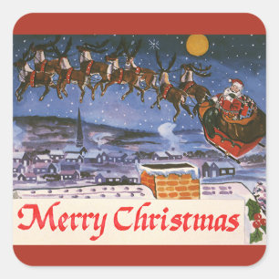Sticker Carré Père Noël de Noël vintage volant son traîneau