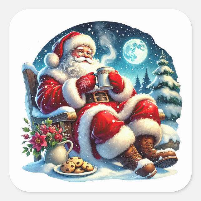 Sticker Carré Père Noël devant la cheminée cosy (Devant)