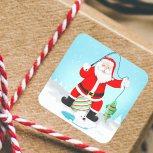 Sticker Carré Père Noël drôle de pêche sur glace avec ours polai