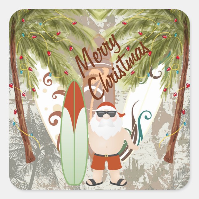 Sticker Carré Père Noël et Surboard Joyeux Noël Plage (Devant)