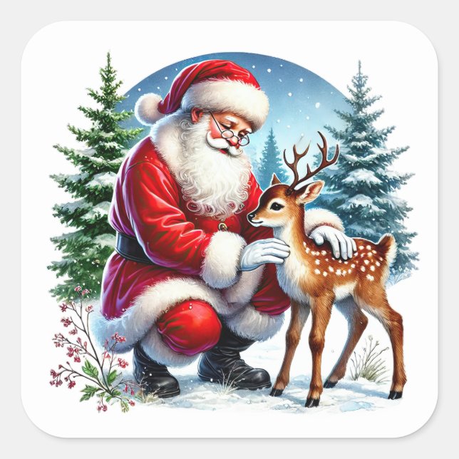 Sticker Carré Père Noël et un jeune renne en hiver (Devant)
