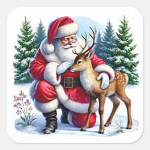 Sticker Carré Père Noël et Young Reindeer en hiver