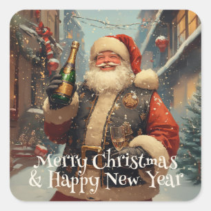 Sticker Carré Père Noël fête avec Champagne