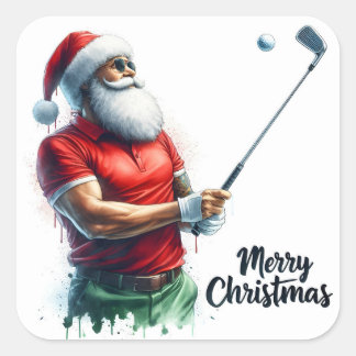 Sticker Carré Père Noël jouant au golf en tenue d'hiver
