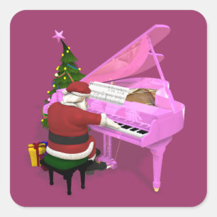Sticker Carré Père Noël joue du piano rose