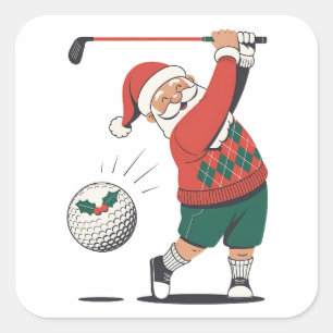 Sticker Carré Père Noël Jouer Golf Joueur de Noël