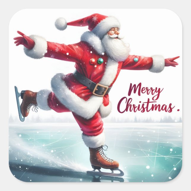 Sticker Carré Père Noël Joyeusement Patinage Sur Glace ! (Devant)