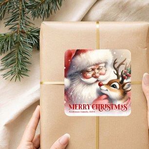 Sticker Carré Père Noël joyeux Rudolph Noël personnalisé pour en