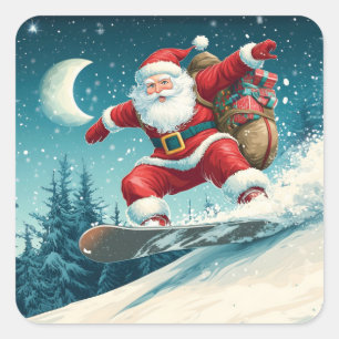 Sticker Carré Père Noël livre des cadeaux de Noël sur snowboard