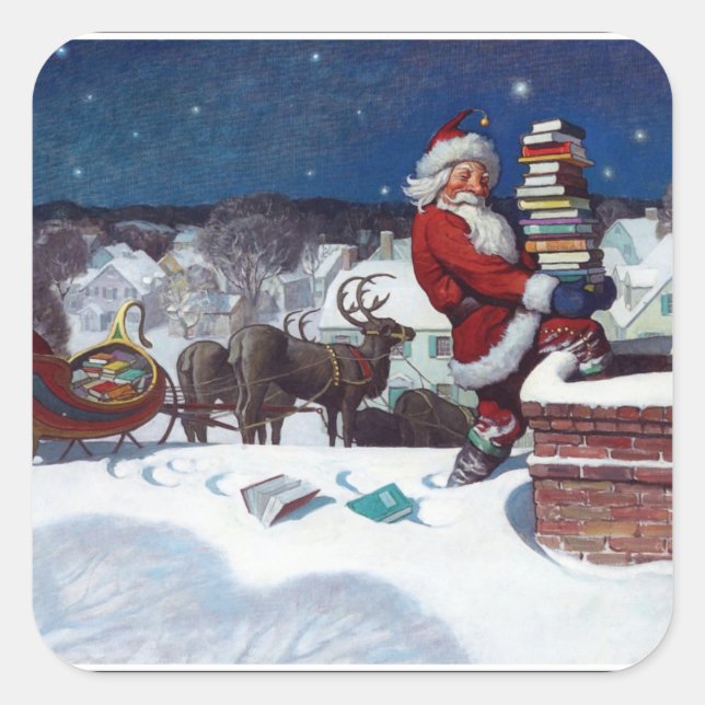 Sticker Carré Père Noël livre une cargaison de livres (Devant)
