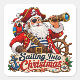 Sticker Carré Père Noël Pirate Faisant Voile Vers Noël