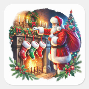 Sticker Carré Père Noël prépare les bas par cheminée