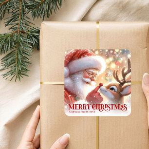 Sticker Carré Père Noël scintillant Rudolph Noël personnalisé