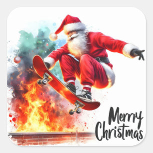 Sticker Carré Père Noël Skateboard sur un feu festif