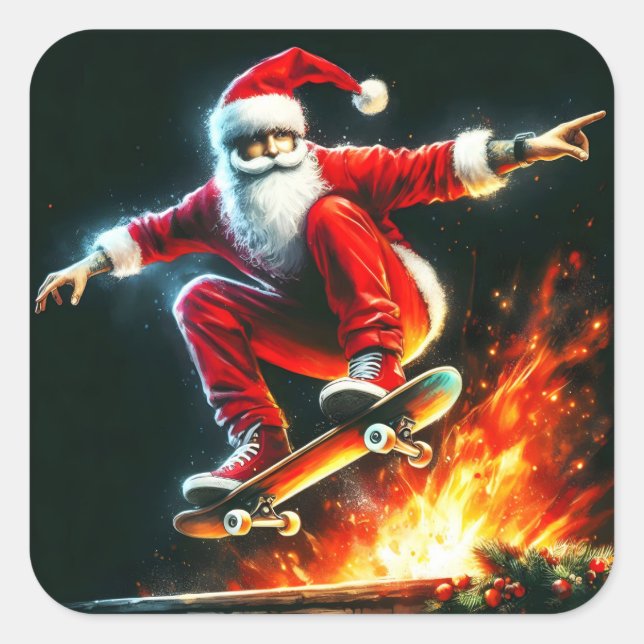 Sticker Carré Père Noël Skateboards Over Night Fire (Devant)