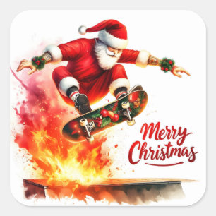 Sticker Carré Père Noël Skateboards With Christmas Spirit