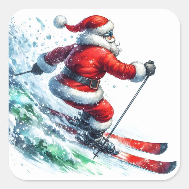 Sticker Carré Père Noël Ski au pays des merveilles hivernales (Devant)